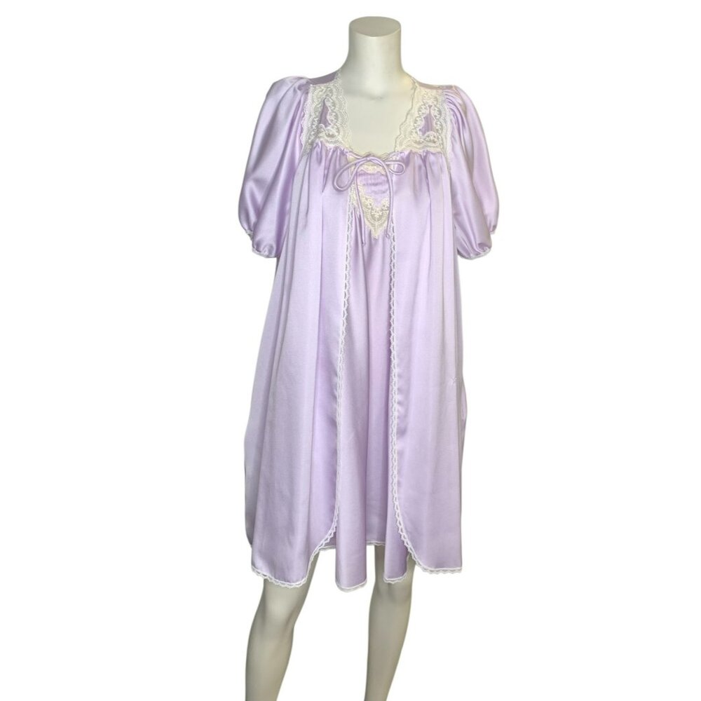 Vtg Brandywine Lavender Nightgown Peignoir Large Lace Puff Sleeves Polyester USA